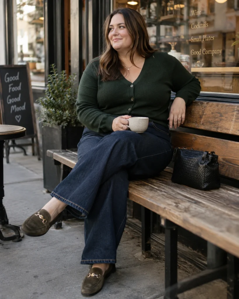 Forest Green V-Neck Cardigan & Wide-Leg Jeans