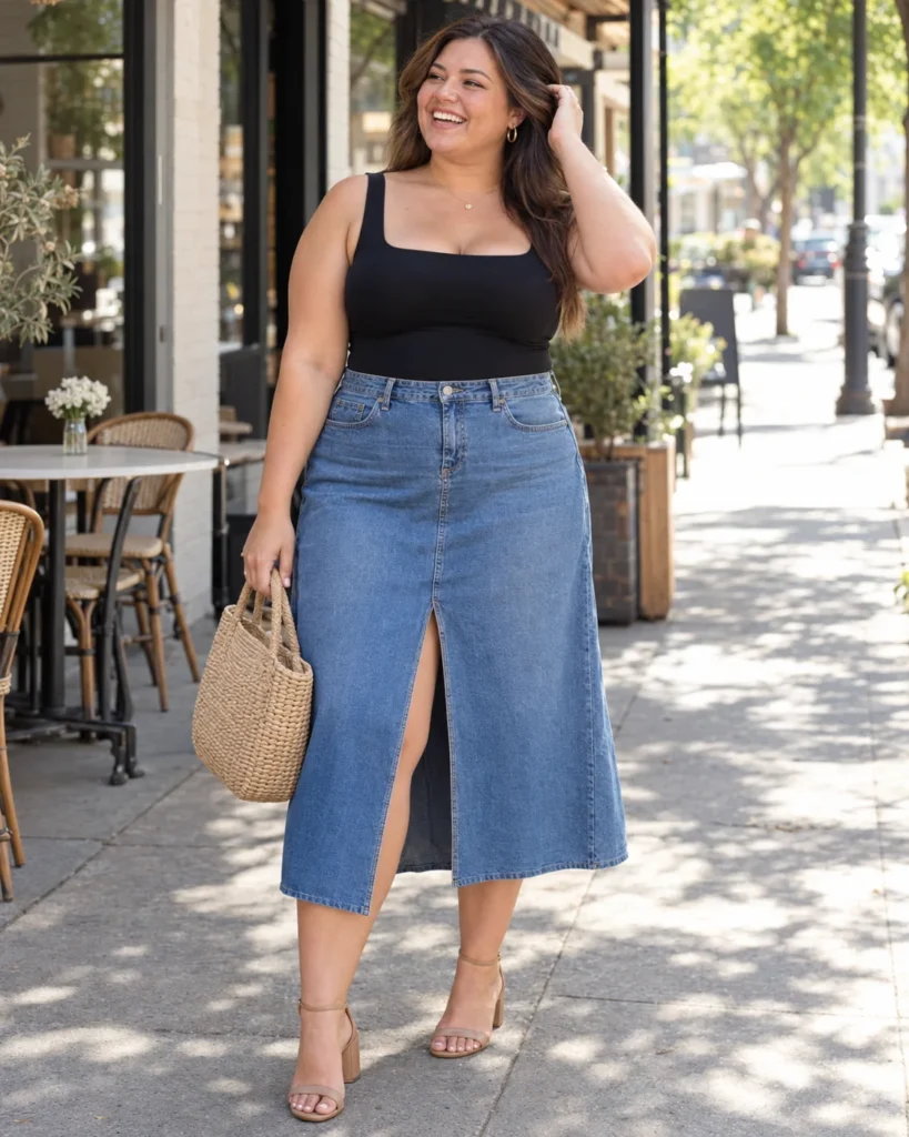 Front-Slit A-Line Denim Midi Skirt