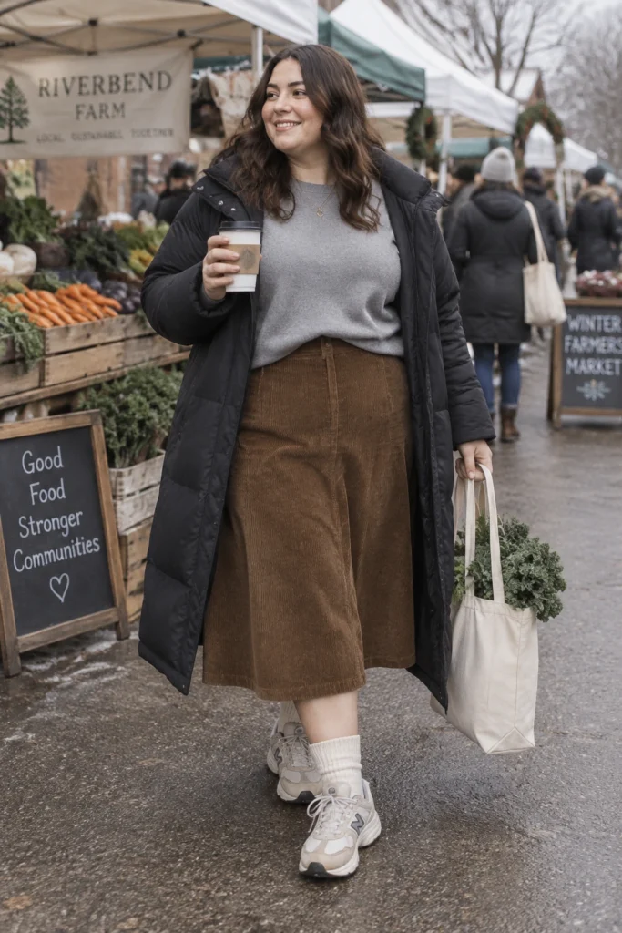 Grey Sweatshirt & Corduroy Midi Skirt
