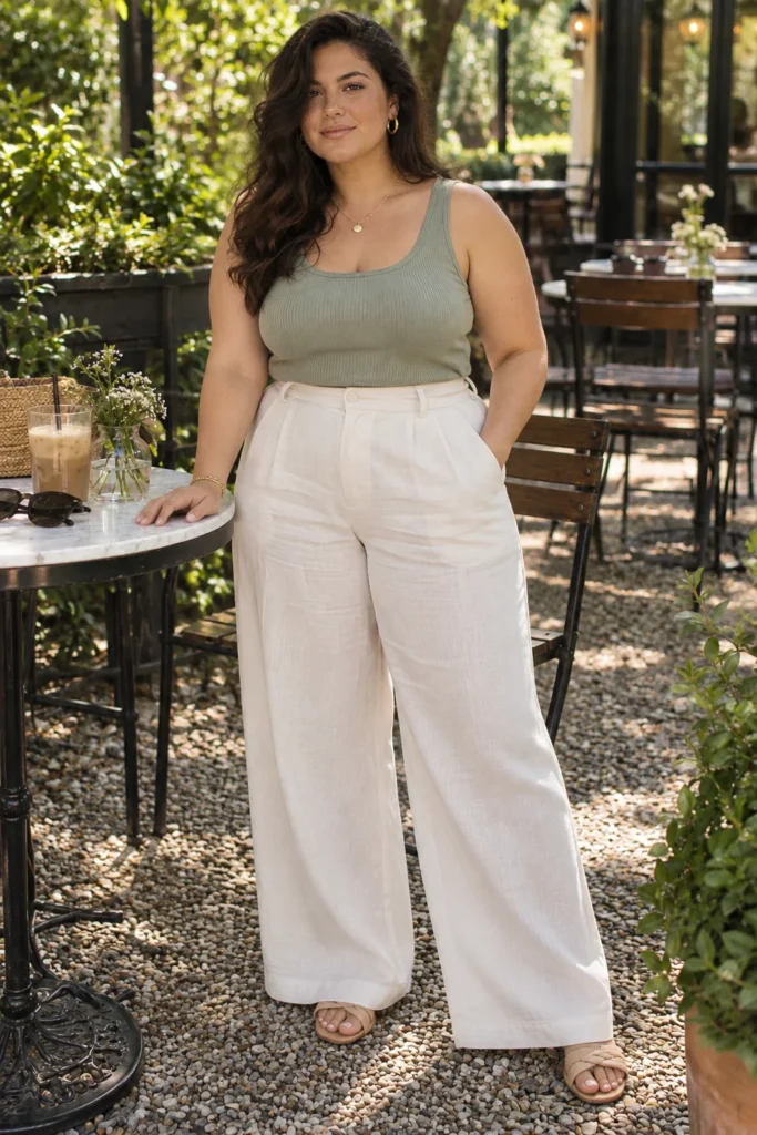 High-Waisted Linen Wide-Leg Trousers + Ribbed Tank