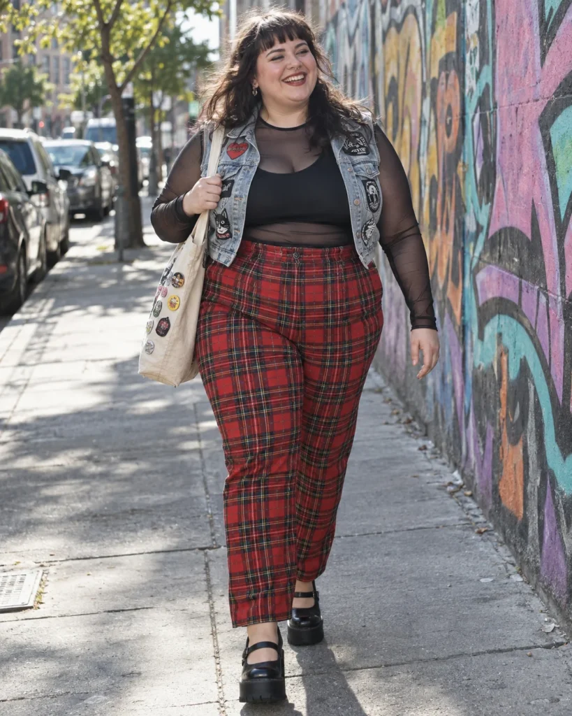 High-Waisted Plaid Punk Trousers & Sheer Mesh