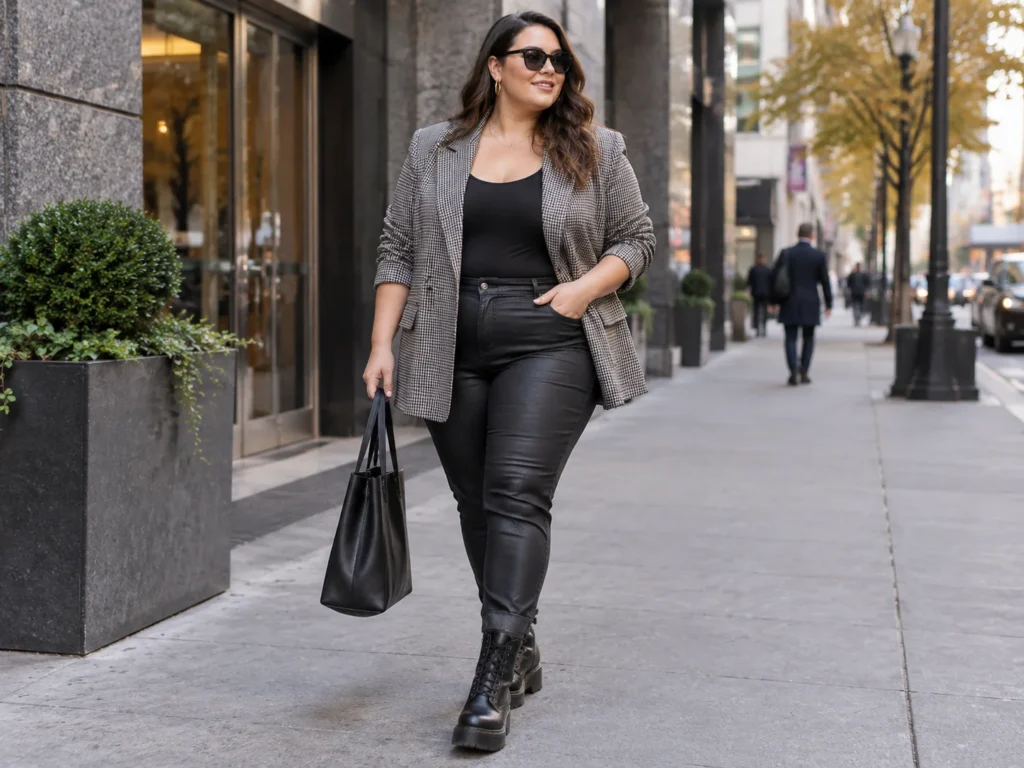 Houndstooth Blazer With Coated Denim