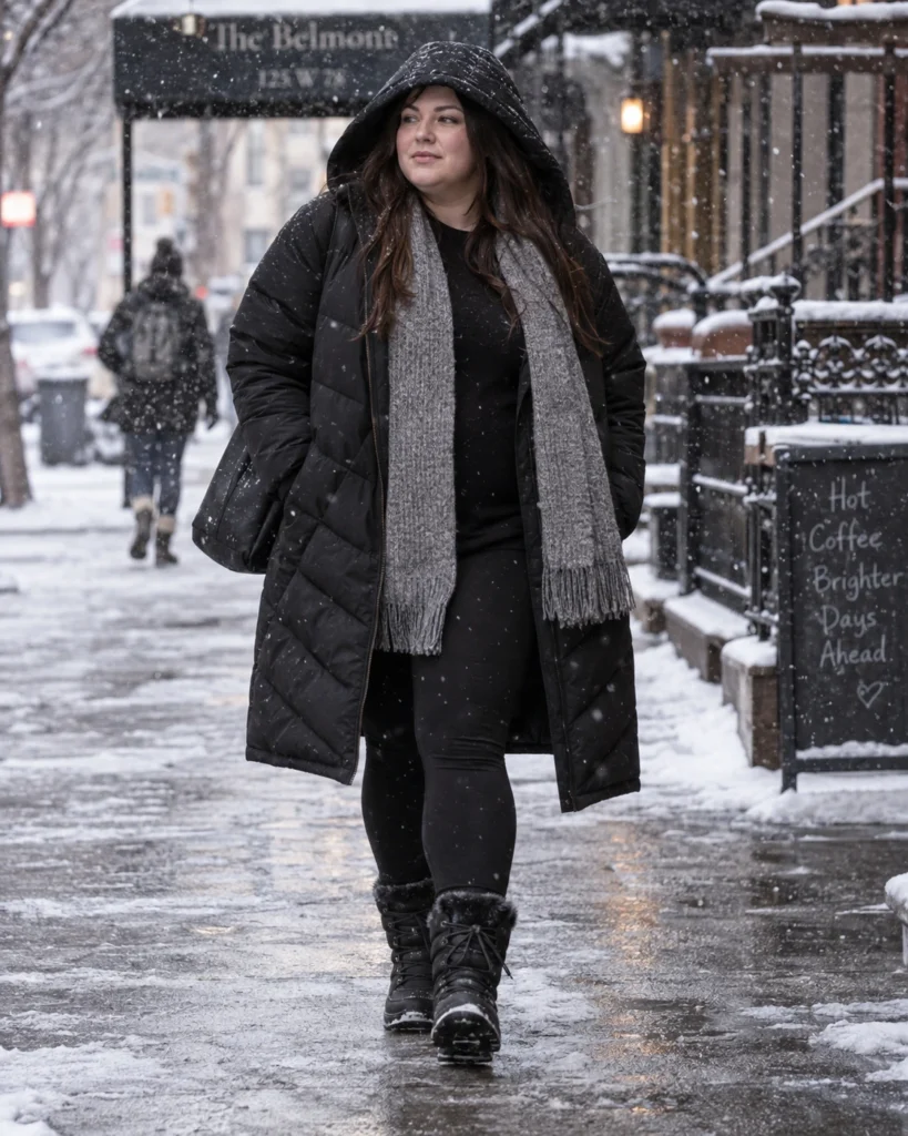 Longline Puffer Coat & Draped Scarf
