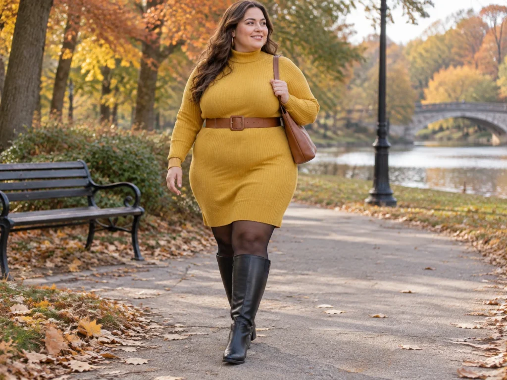 Mustard Sweater Dress With Wide-Calf Riding Boots