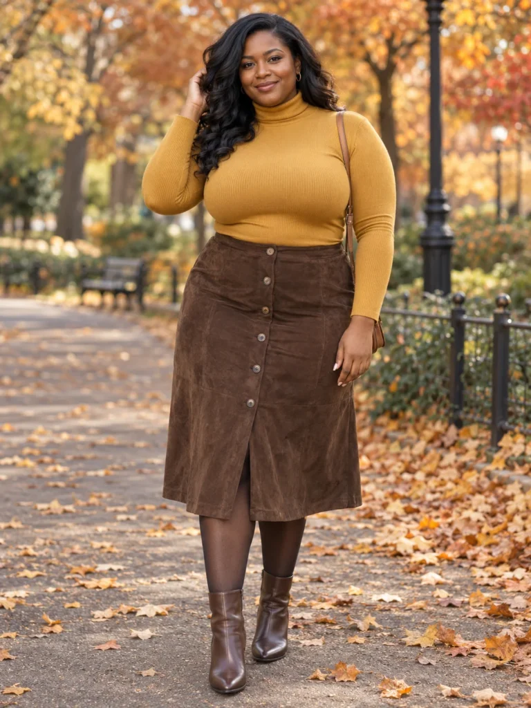 Mustard Turtleneck & Suede Button Skirt