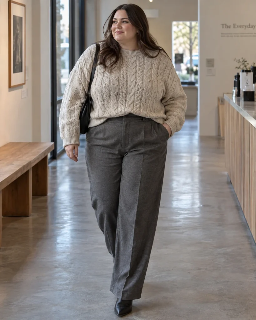 Oatmeal Cable Knit & Grey Wide-Leg Trousers
