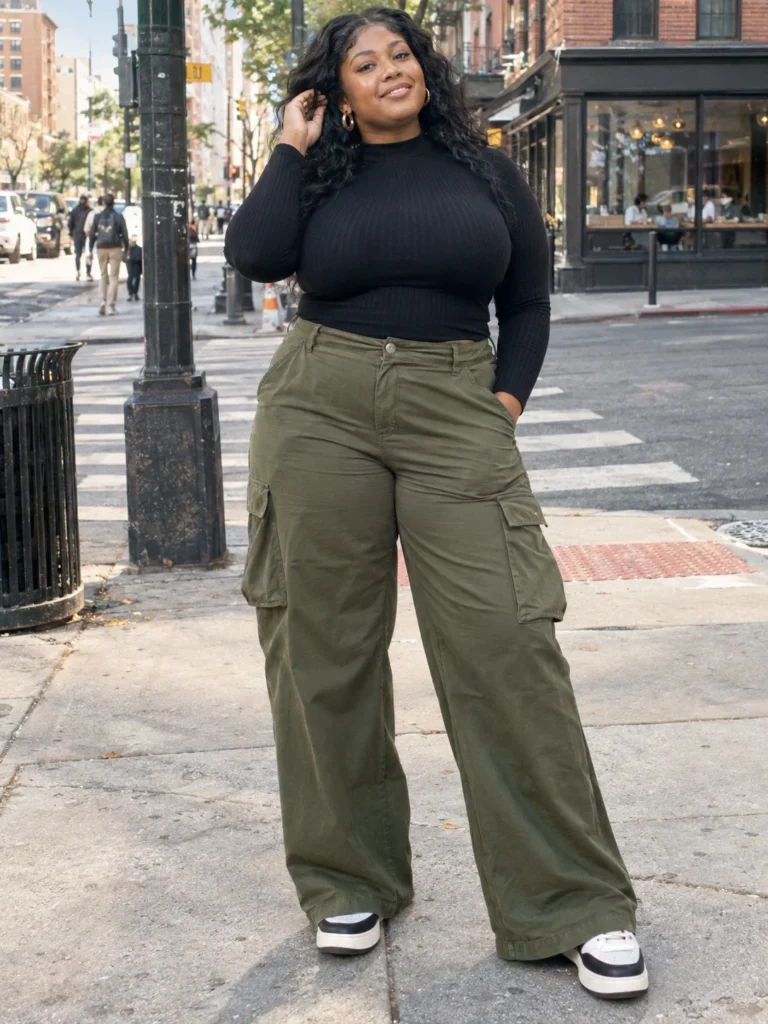 Olive Wide-Leg Cargos & Fitted Mockneck