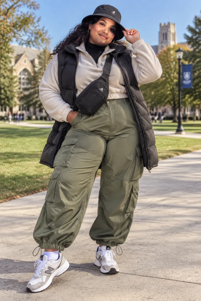 Parachute Cargos, Fitted Turtleneck and a Long Puffer Vest