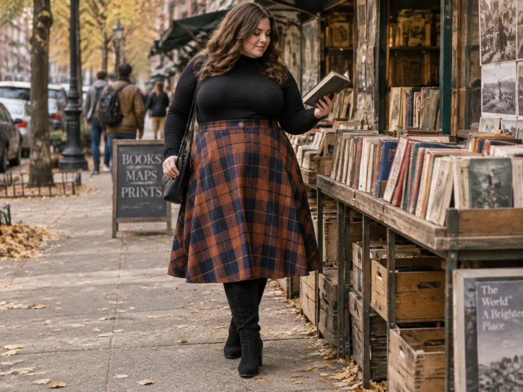 Plaid A-Line Midi With Knee-High Suede