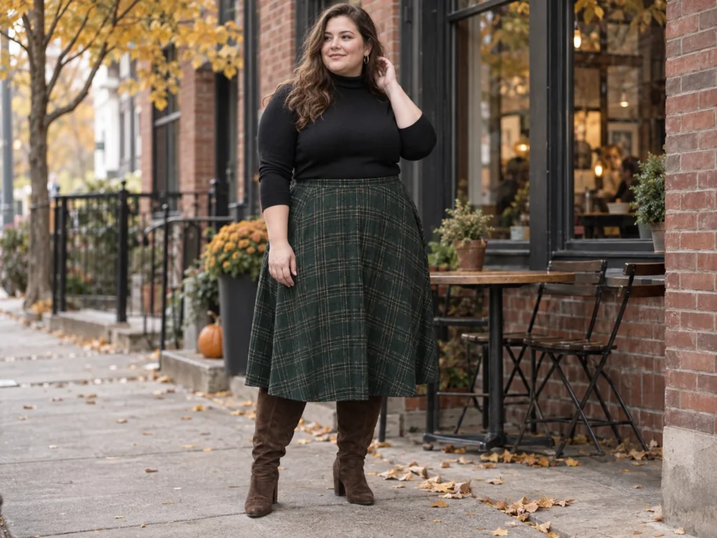 Plaid A-Line Skirt Meets Chocolate Suede