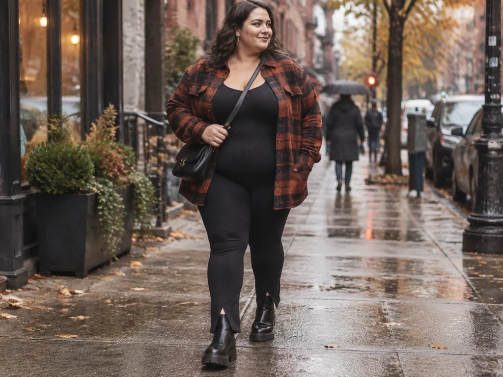Plaid Shacket, Bodysuit, and Lug-Sole Chelseas