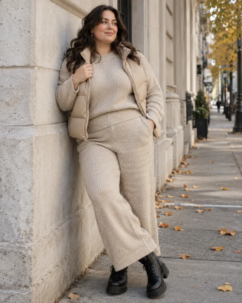 Platform Combat Boots & Neutral Oatmeal Knit Pant Set
