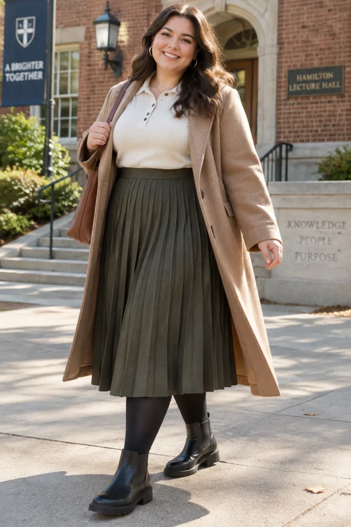 Pleated Midi Skirt, Knit Polo and a Long Tailored Coat