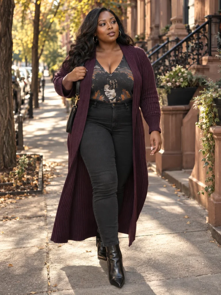 Plum Duster Cardigan & Graphic Tee