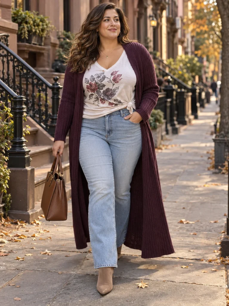 Plum Duster Cardigan & Straight Jeans