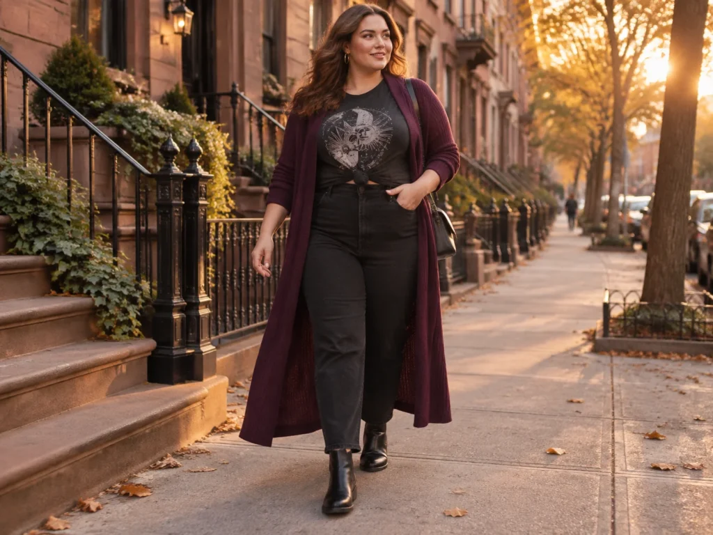 Plum Duster Over Black Jeans