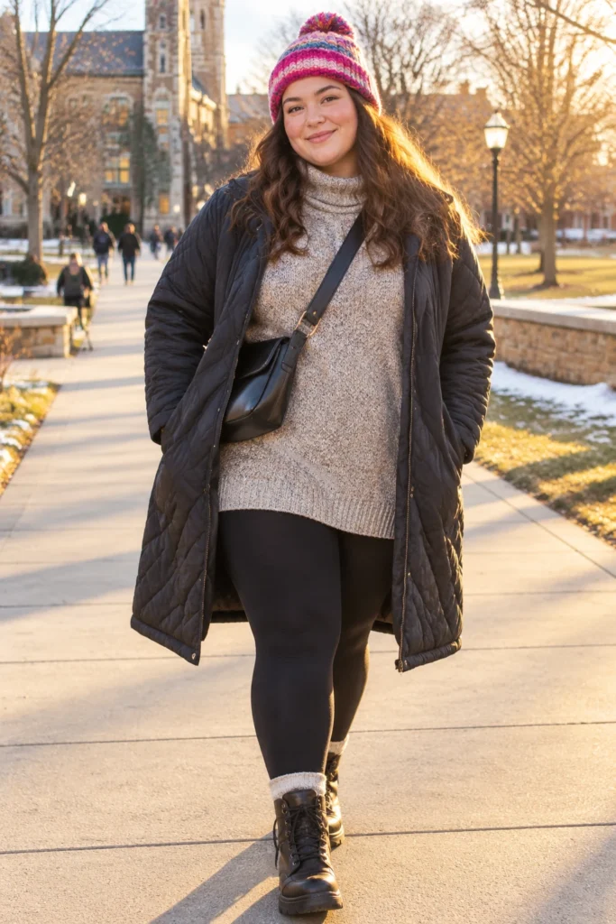 Quilted Long Coat, Tunic Sweater and Fleece Leggings for the Walk Home