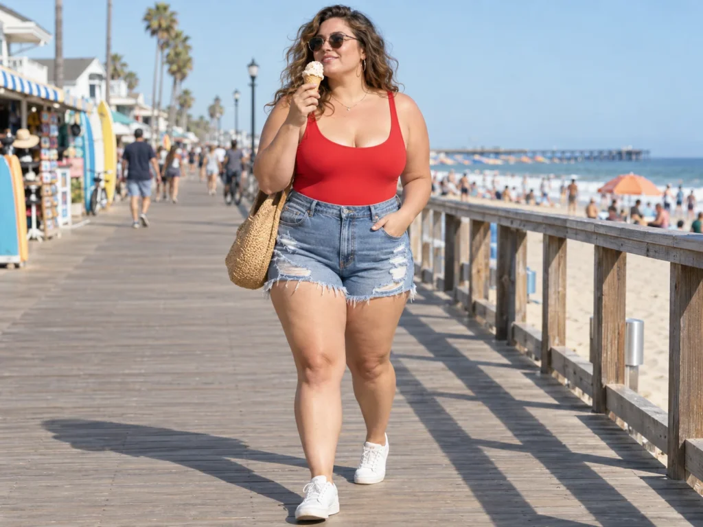 Retro One-Piece with Distressed Denim Shorts