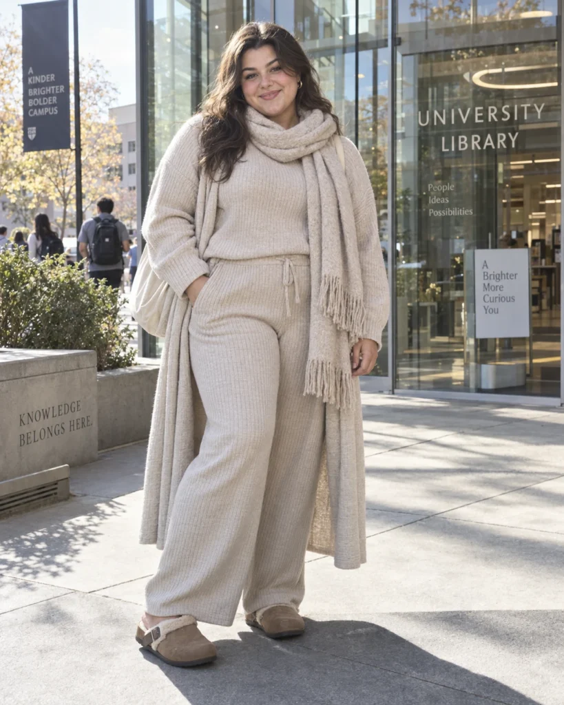 Ribbed Knit Lounge Set Under a Long Cardigan Coat