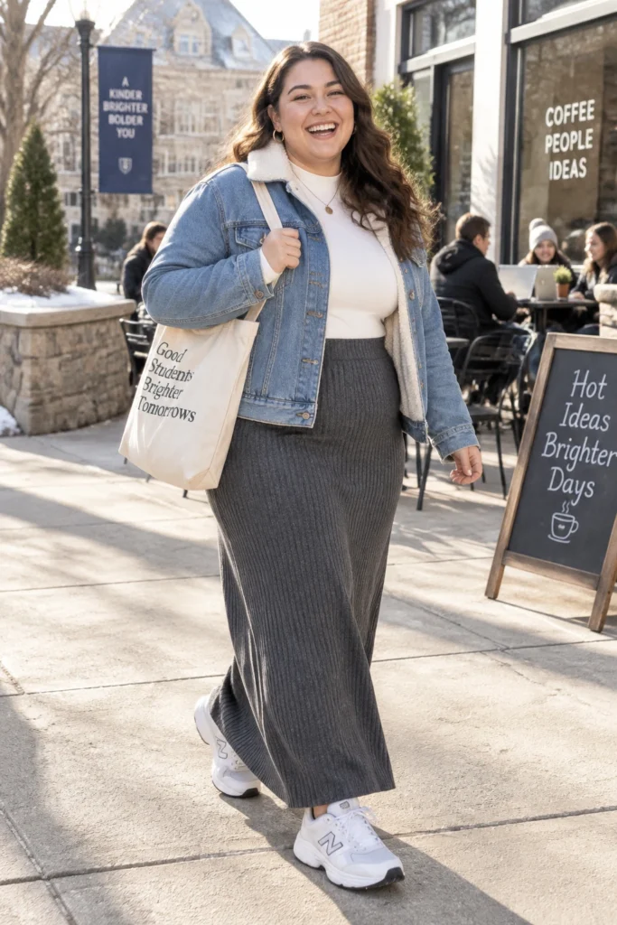 Ribbed Knit Maxi Skirt and a Sherpa Denim Jacket