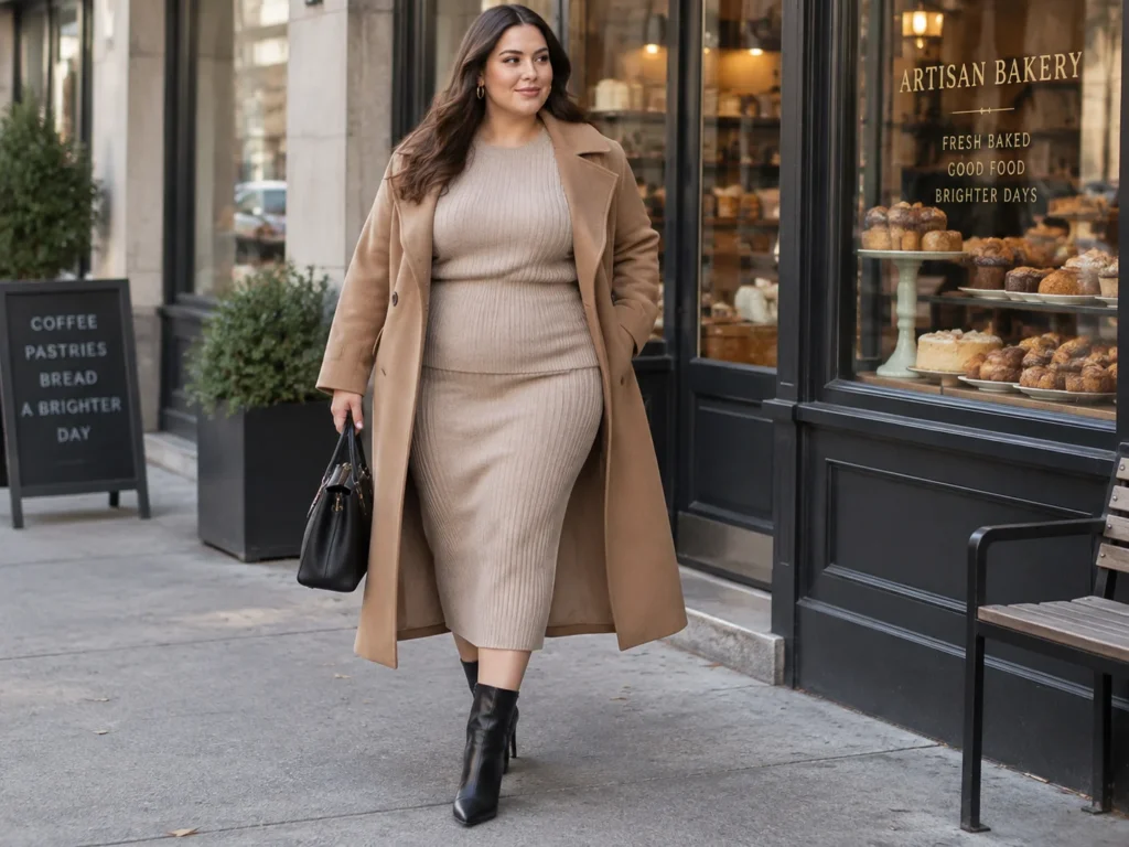 Ribbed Knit Skirt Set Under an Open Camel Trench