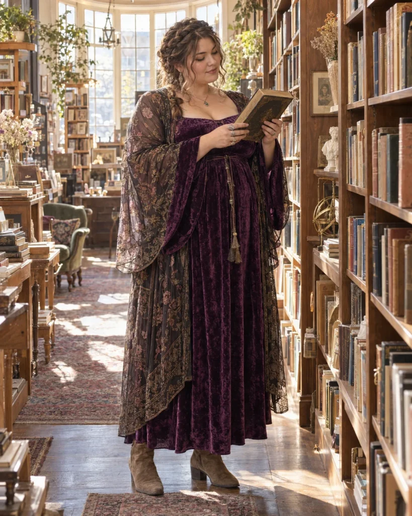 Romantic Whimsigoth Crushed Velvet Bell-Sleeve Dress