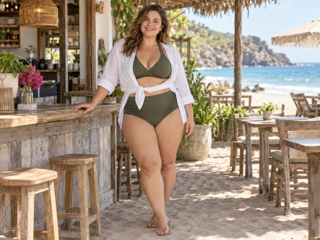 Ruched High-Waist Bikini with Linen Shirt