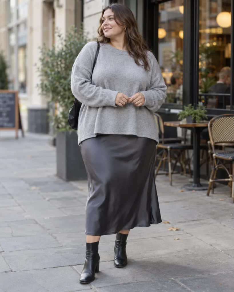 Satin Slip Midi Skirt + Slouchy Cotton Knit Top