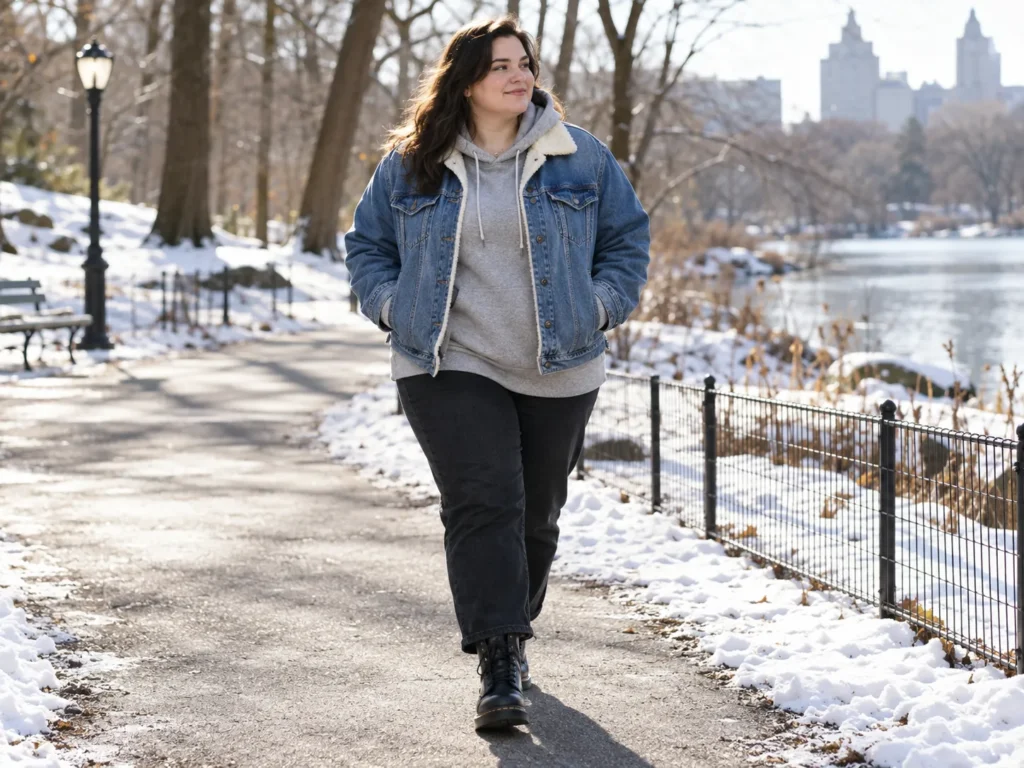 Sherpa-Lined Denim Jacket + Longline Hoodie & Combat Boots