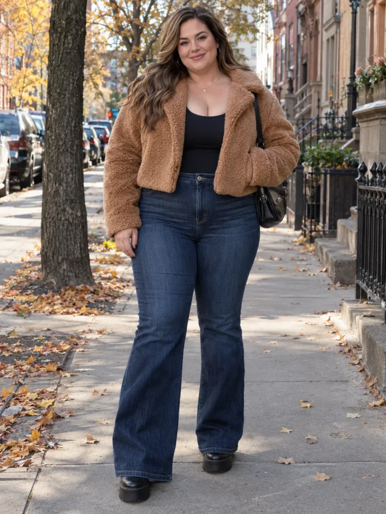Short Teddy Coat & Dark Flares