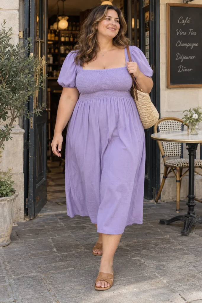 Smocked-Bodice Puff-Sleeve Midi Dress