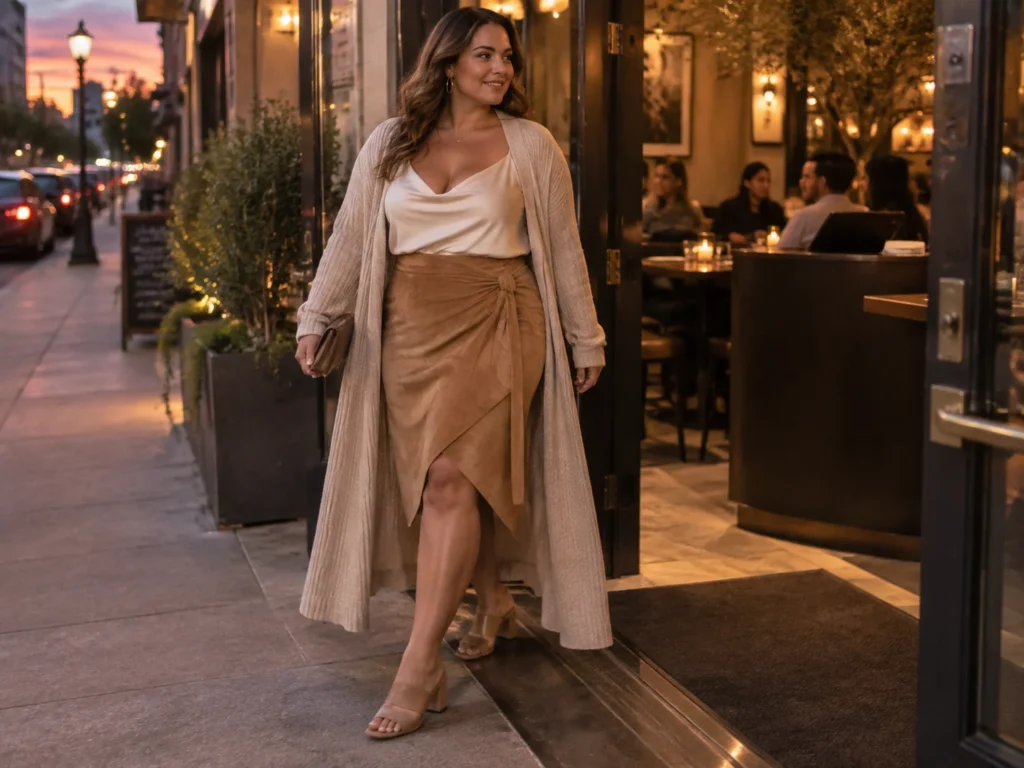 Suede Wrap Midi With a Cowl Cami and Duster