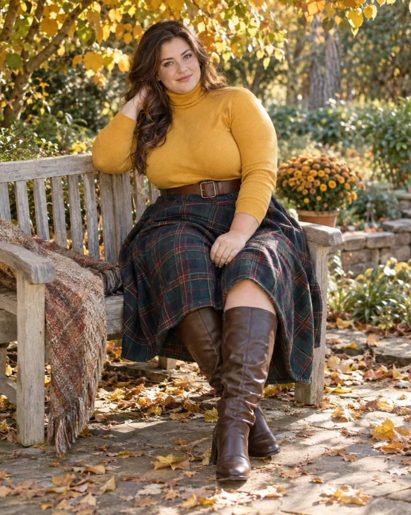 Tartan Wrap Skirt With Mustard Knit