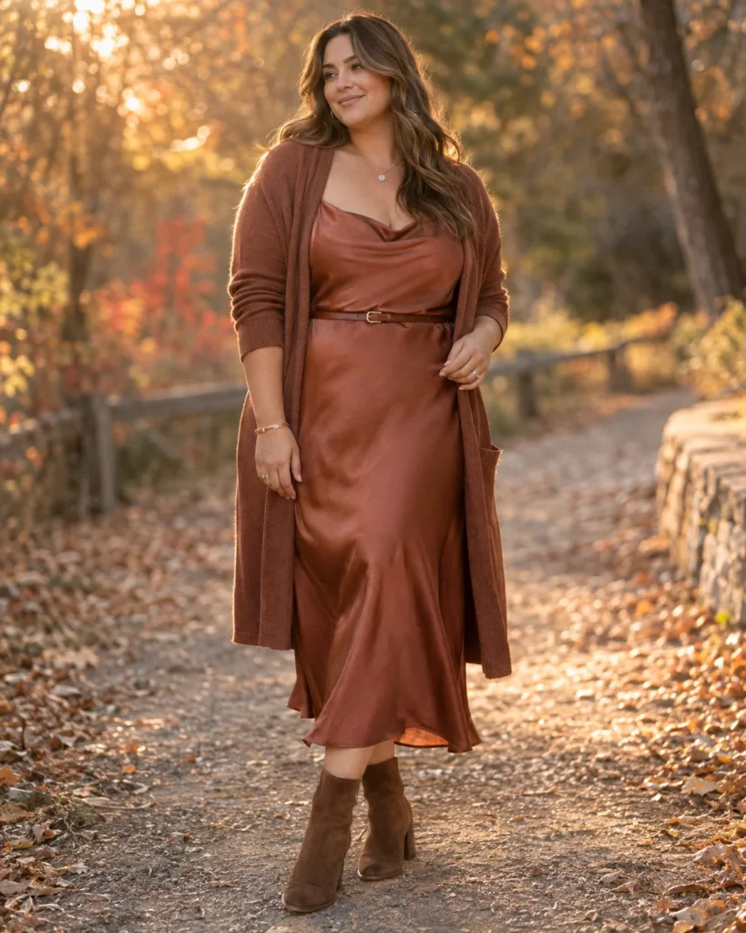 Terracotta Slip Dress & Belted Cardigan
