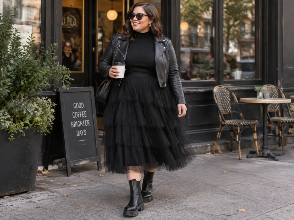 Tiered Tulle Midi With a Moto Jacket