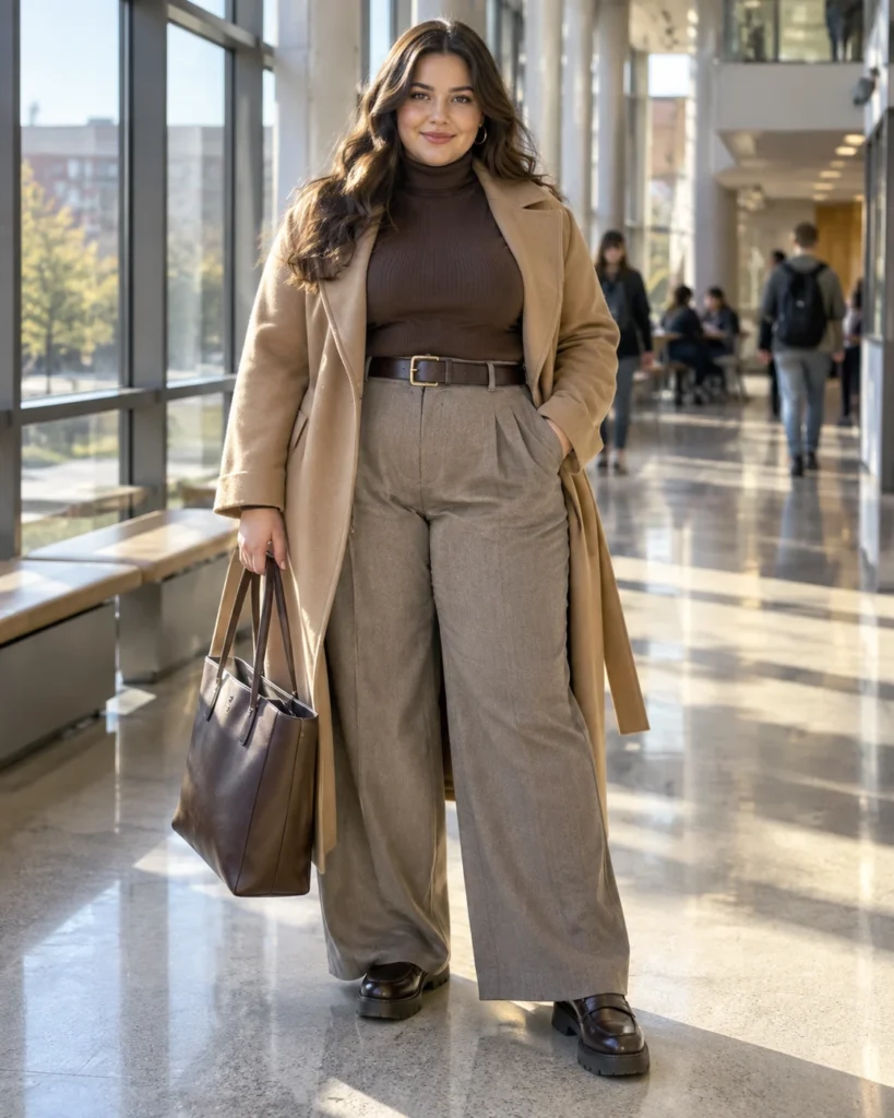 Tucked Turtleneck, Wide-Leg Trousers and a Belted Wrap Coat