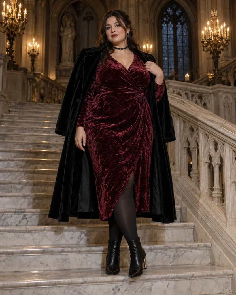 Vampire Glam Velvet Wrap Dress & Spiked Accents