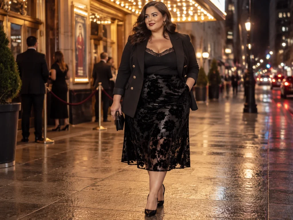 Velvet Burnout Midi With a Tailored Blazer