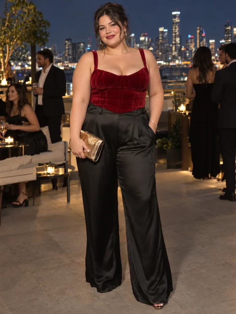 Velvet Corset Top + Satin Wide-Leg Trousers