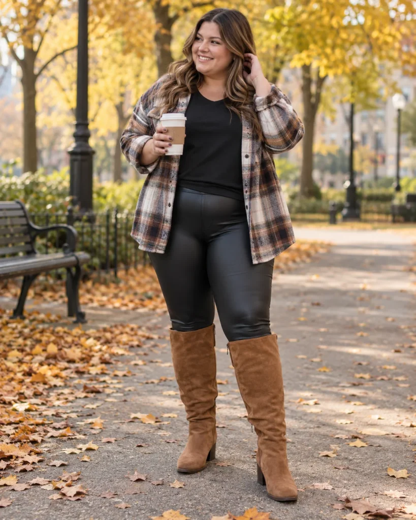 Wide-Calf Suede Knee Boots, Plaid Shacket & Faux Leather Leggings
