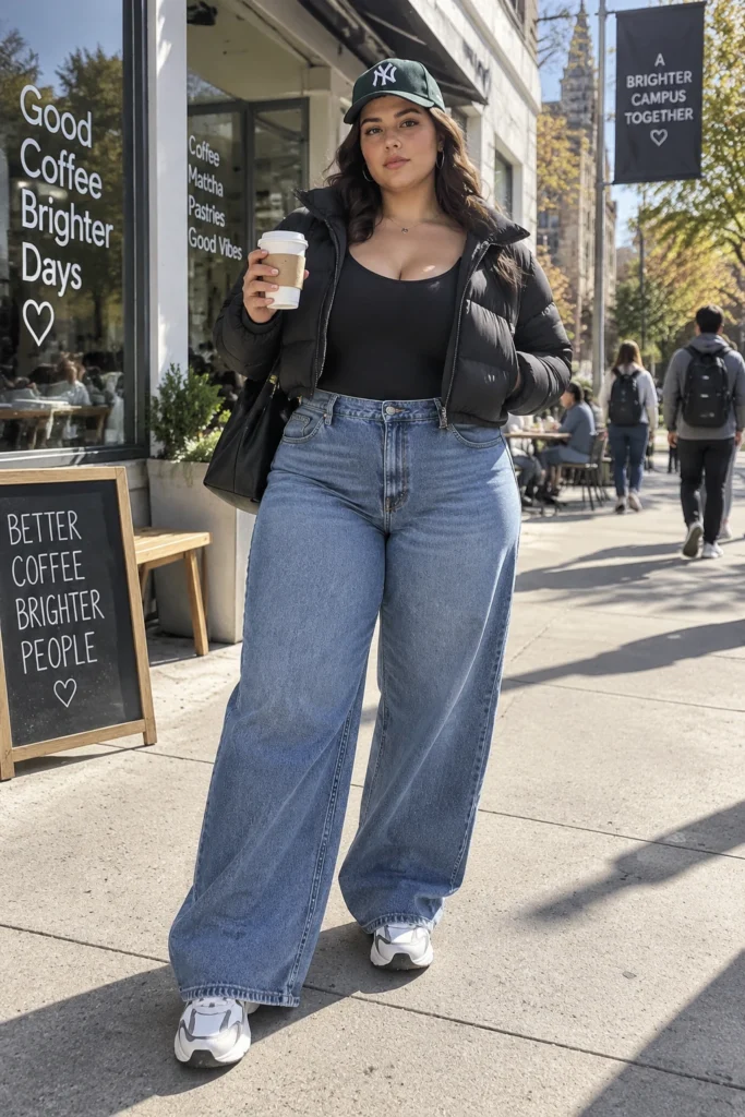 Wide-Leg Jeans, Fitted Bodysuit and a Cropped Puffer
