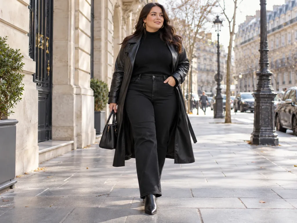 All-Black Straight Jeans + Faux Leather Trench