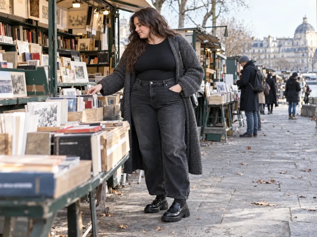 Black Baggy Jeans + Bodysuit & Chunky Cardigan