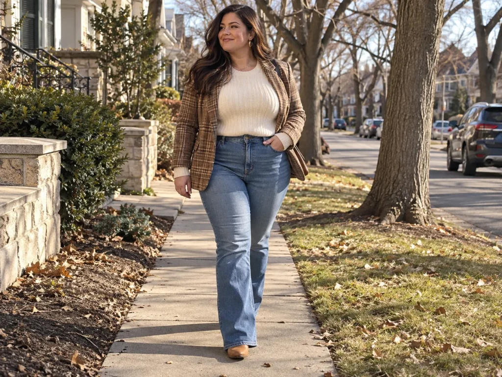 Bootcut Jeans + Plaid Blazer & Western Boots
