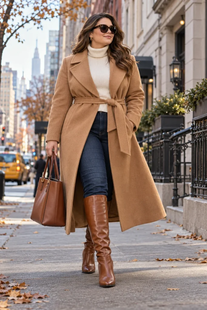 Camel Belted Wrap Wool Coat