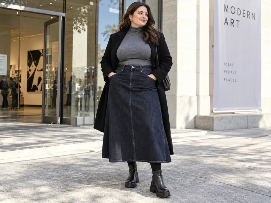 Denim Maxi Skirt + Grey Turtleneck & Long Coat