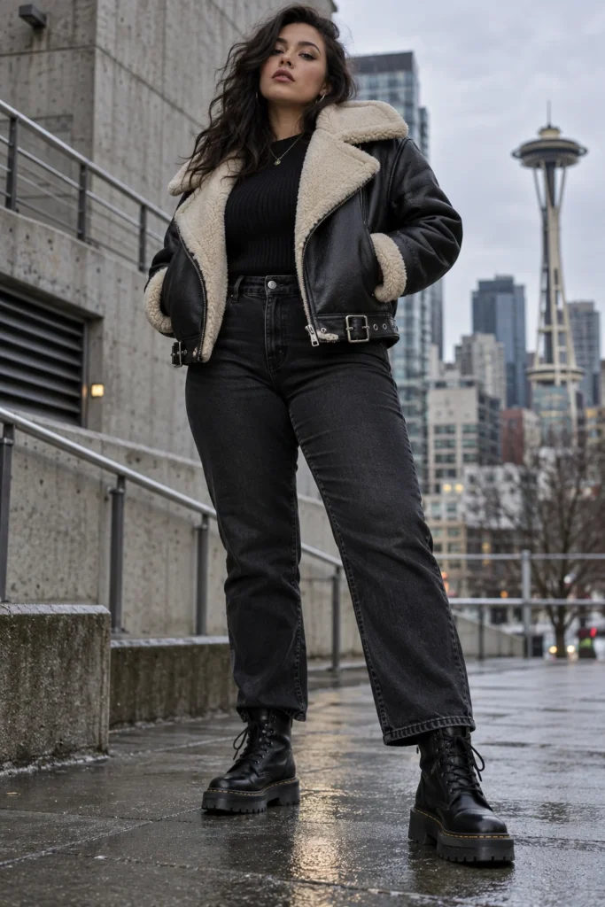 Faux Leather Aviator Shearling Jacket
