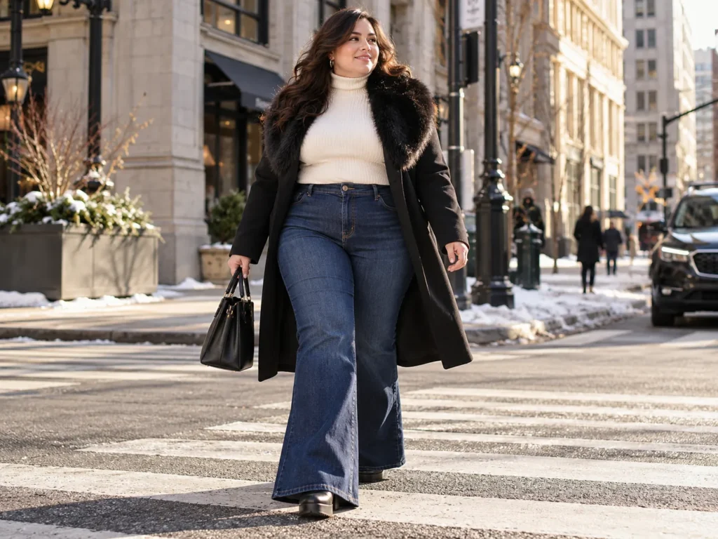 Indigo Flares + Ivory Turtleneck & Fur-Collar Coat