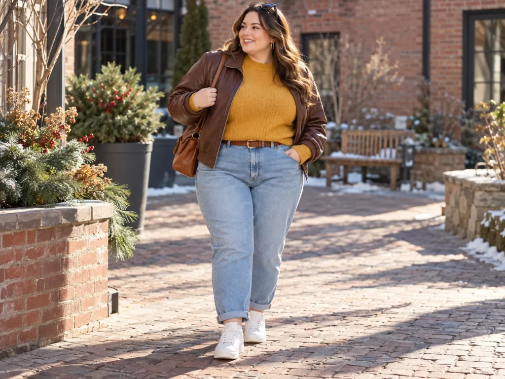 Light-Wash Mom Jeans + Mustard Knit & Leather Bomber
