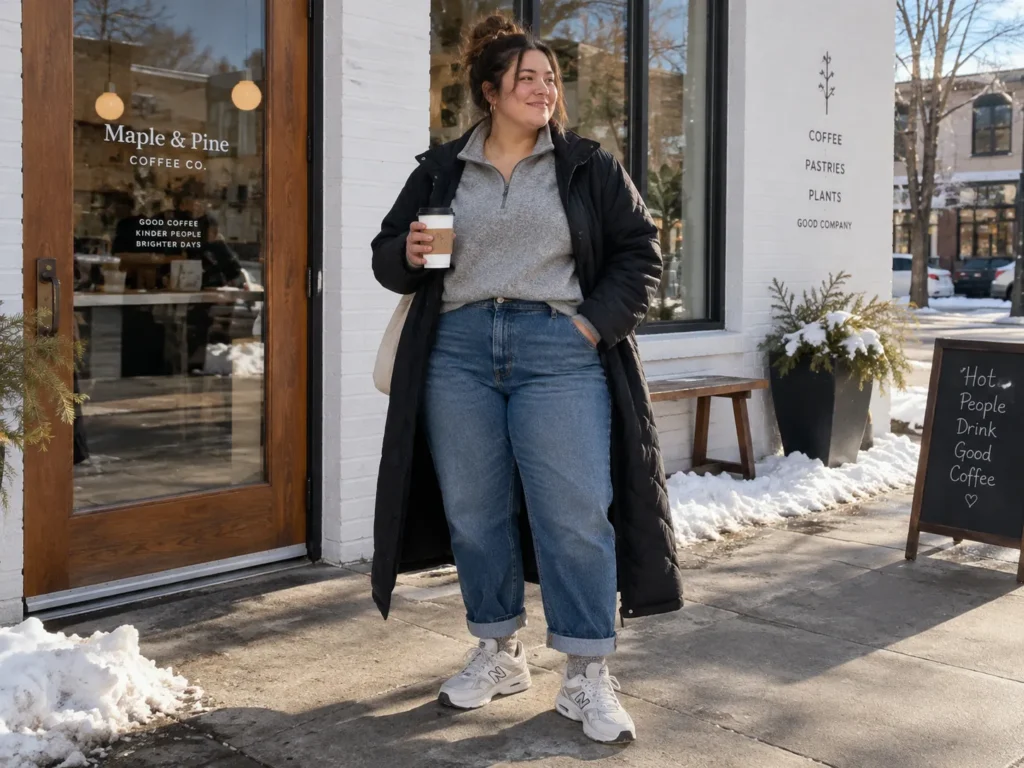 Mid-Wash Barrel Jeans + Half-Zip & Quilted Coat